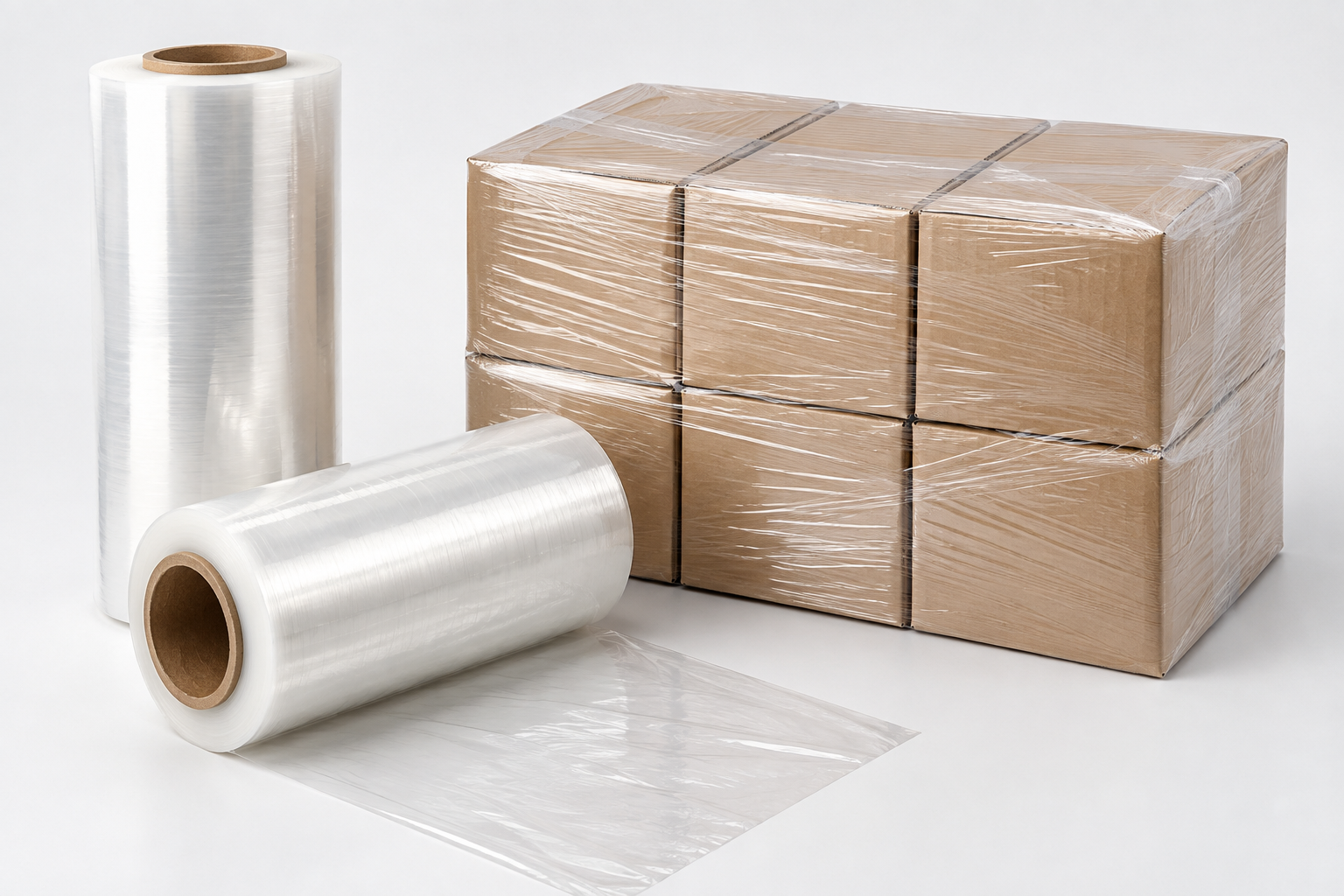 Clear packaging film rolls beside wrapped cartons