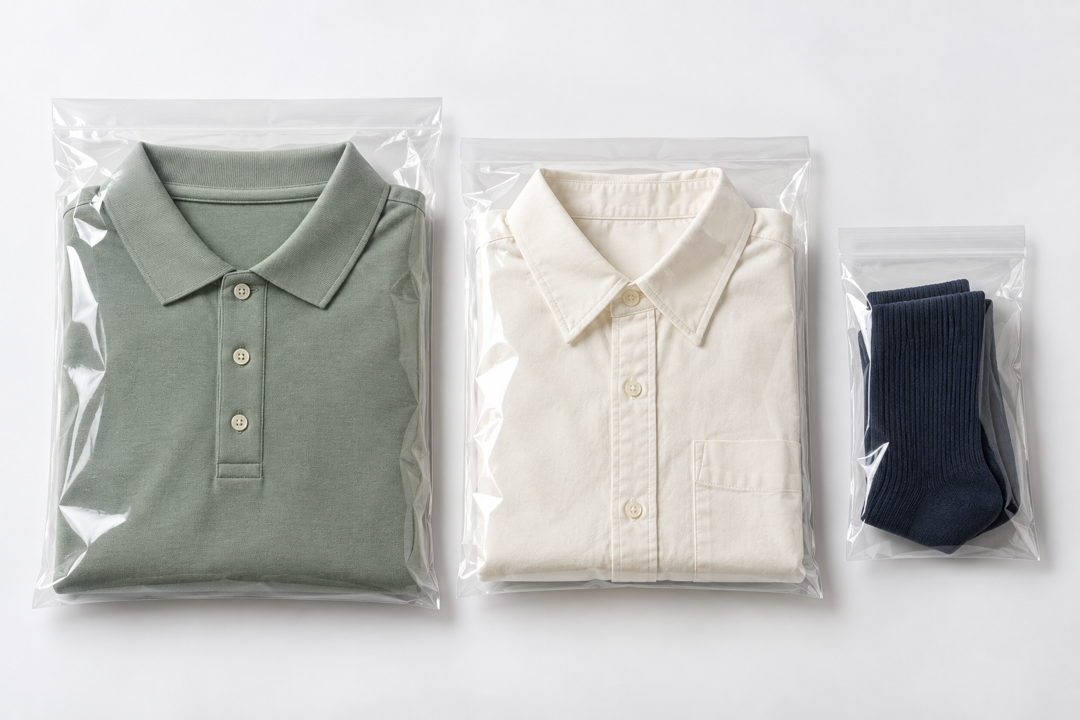 Folded garments in transparent polybags