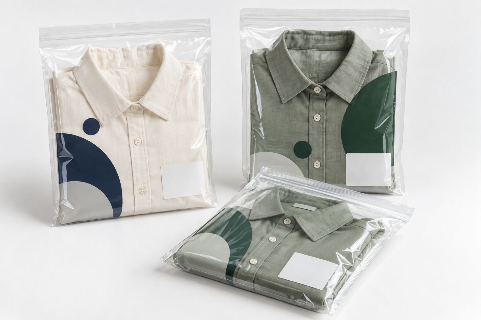 Finished garments in printed packaging bags